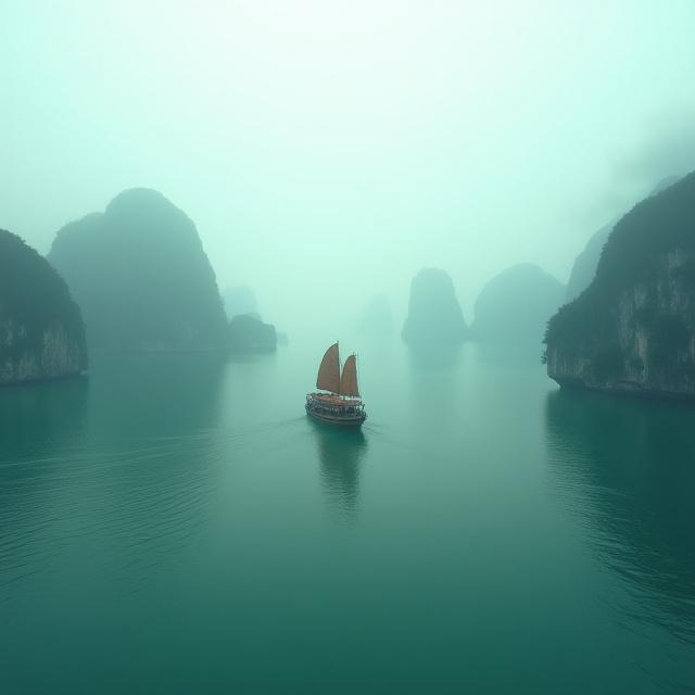 안개 낀 하롱베이에 떠 있는 전통 정크선